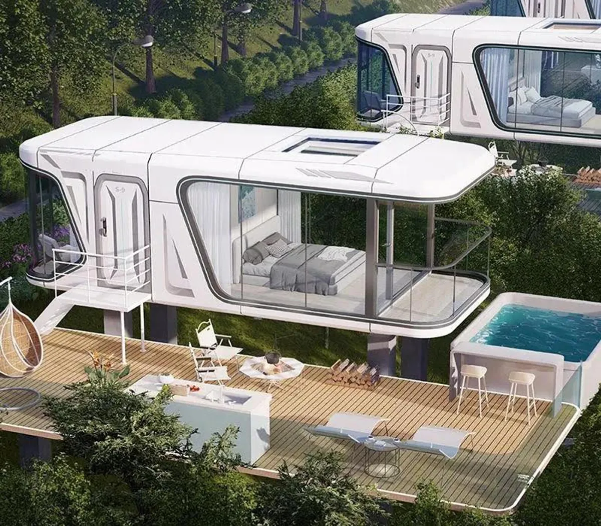 Maison futuriste surélevée sur pilotis, comprenant une chambre aux parois de verre, une terrasse extérieure avec des meubles modernes, une chaise suspendue, une petite piscine et entourée de verdure et d'autres structures similaires.